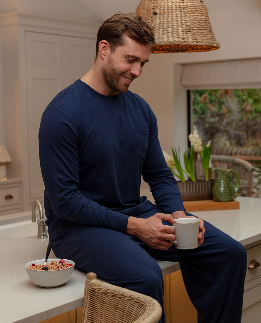 Mens Navy Long Sleeve Jersey Pyjama Set