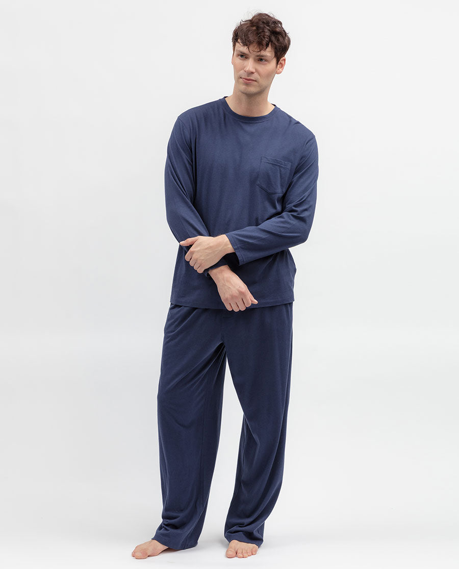 Mens Navy Long Sleeve Jersey Pyjama Set