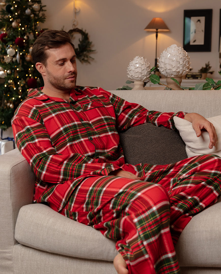 Mens Red Brushed Check Pyjama Set