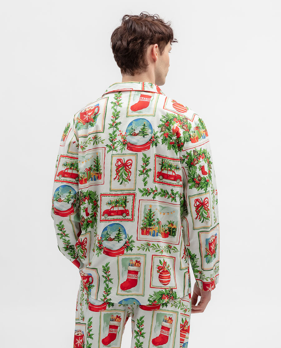 Mens Christmas Postcard Print Pyjama Top