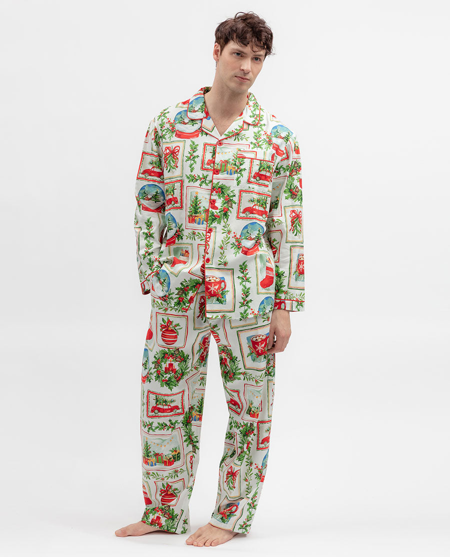 Mens Christmas Postcard Print Pyjama Top