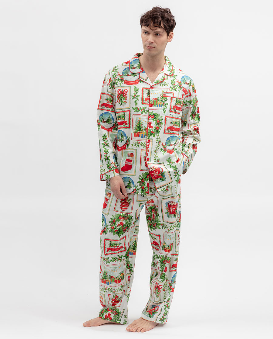 Mens Christmas Postcard Print Pyjama Bottoms