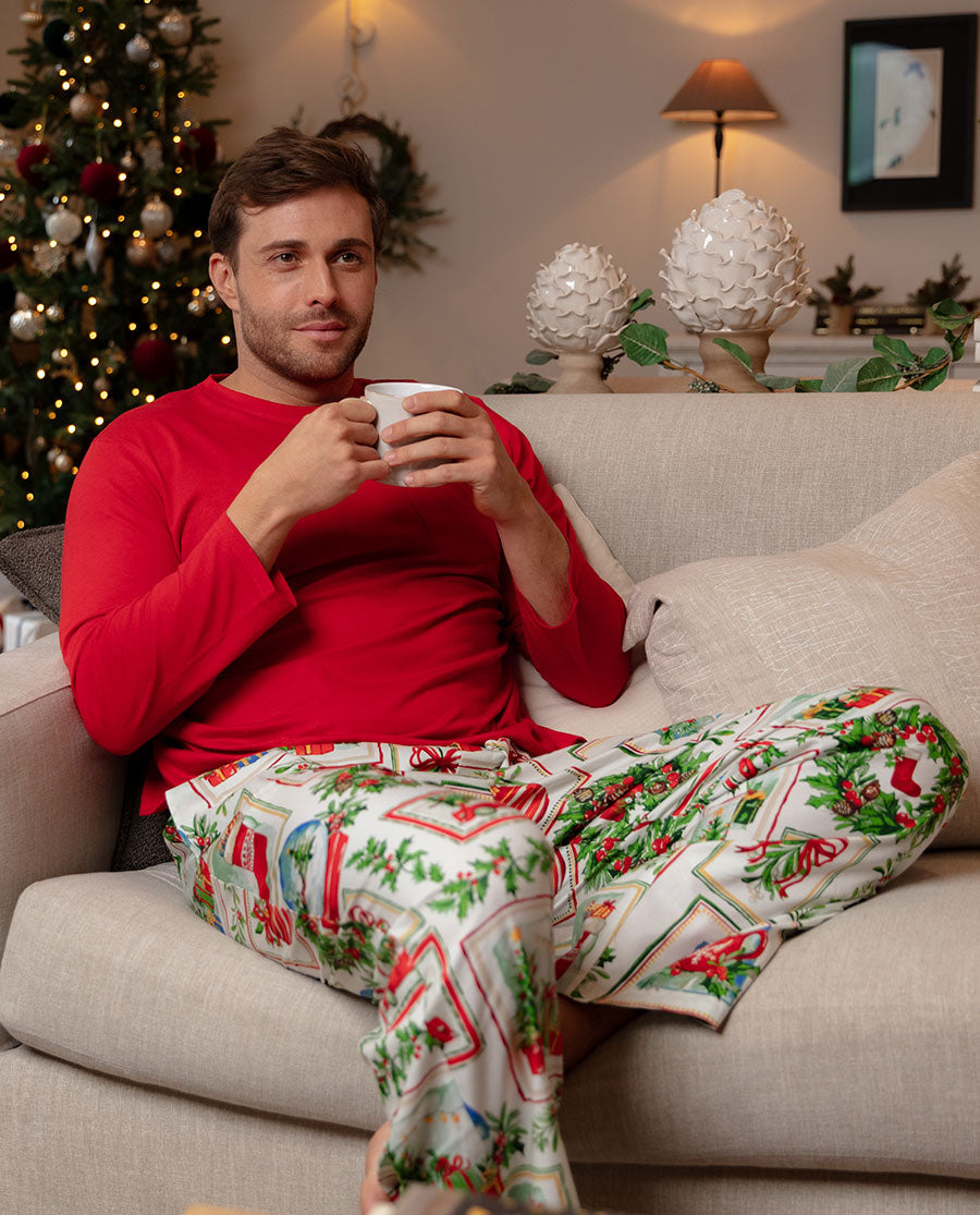 Mens Christmas Postcard Print Pyjama Bottoms