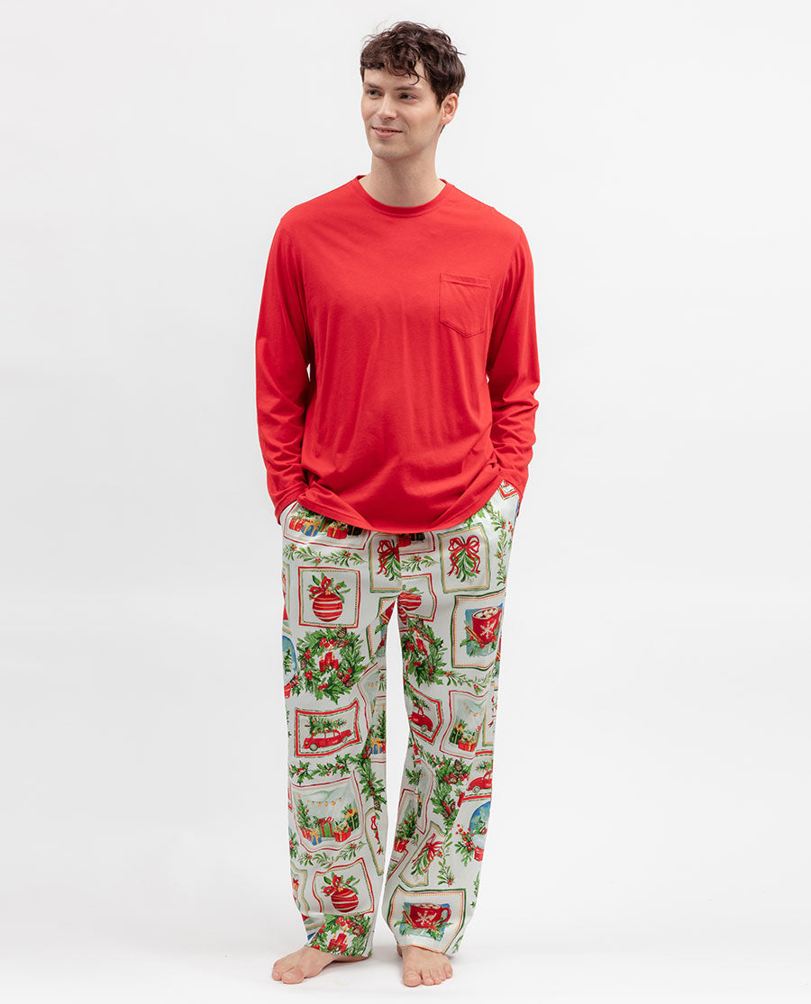 Mens Christmas Postcard Print Pyjama Bottoms