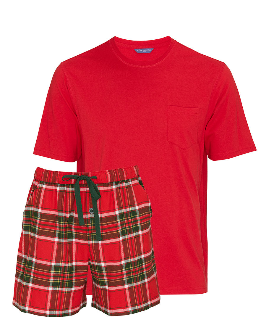 Mens Red Short Sleeve Jersey T-shirt and Check Shorty Set