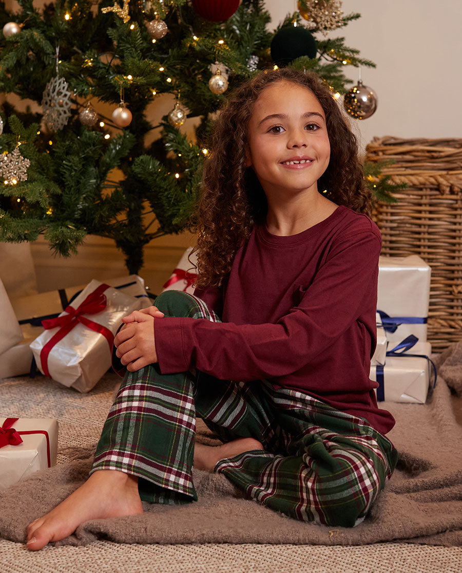 Kids Unisex Long Jersey T-shirt and Green Brushed Check Pyjama Set