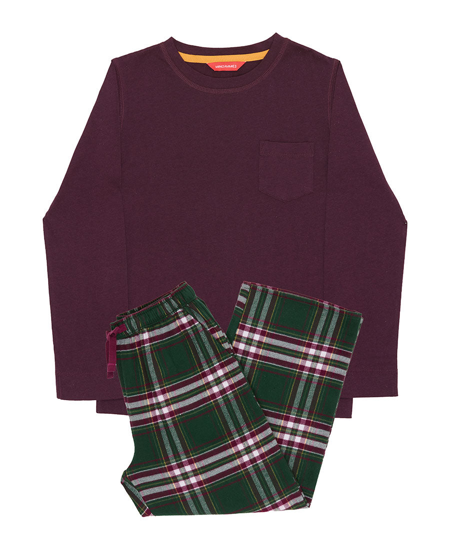 Kids Unisex Long Jersey T-shirt and Green Brushed Check Pyjama Set