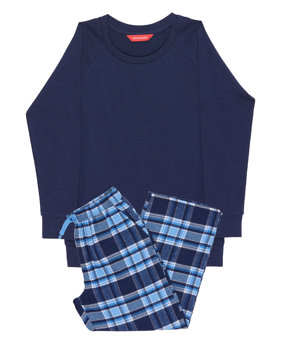 Kids Blue Unisex Long Jersey T-shirt and Brushed Check Pyjama Set