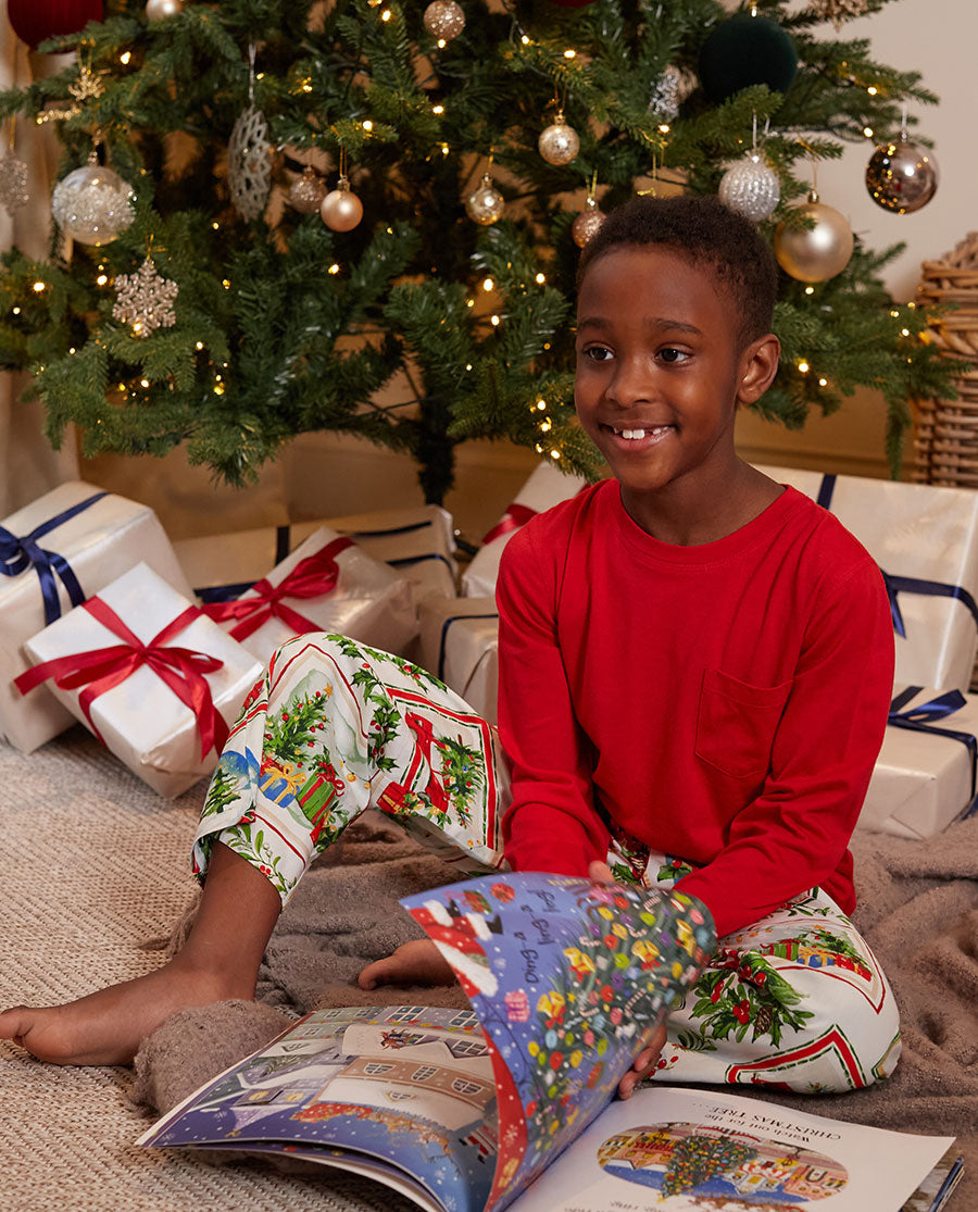 Kids Unisex Long Jersey T-shirt and Christmas Postcard Print Pyjama Set