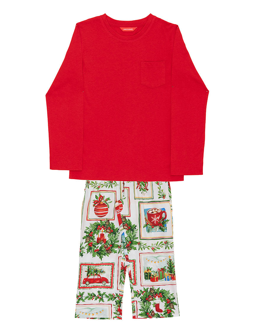 Kids Unisex Long Jersey T-shirt and Christmas Postcard Print Pyjama Set