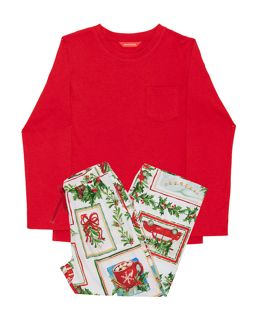 Kids Unisex Long Jersey T-shirt and Christmas Postcard Print Pyjama Set