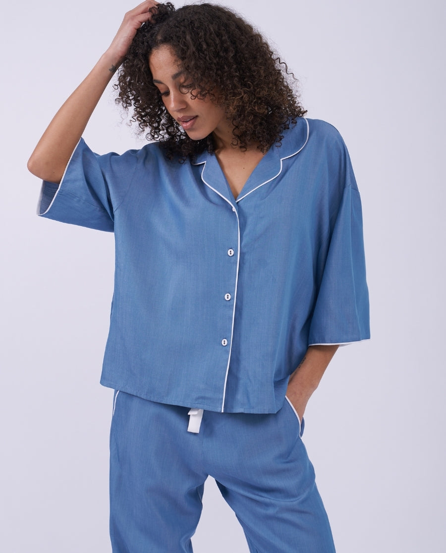 The Denim Edit Womens Chambray Relaxed Cropped Pyjama Set
