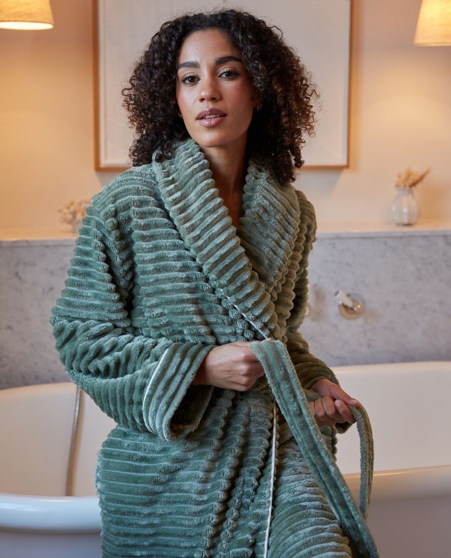 Womens Striped Sage Cosy Dressing Gown