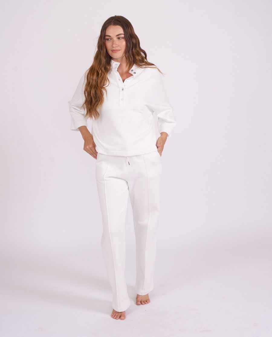 Womens White Lounge Half-Button Sweatshirt and Joggers Set