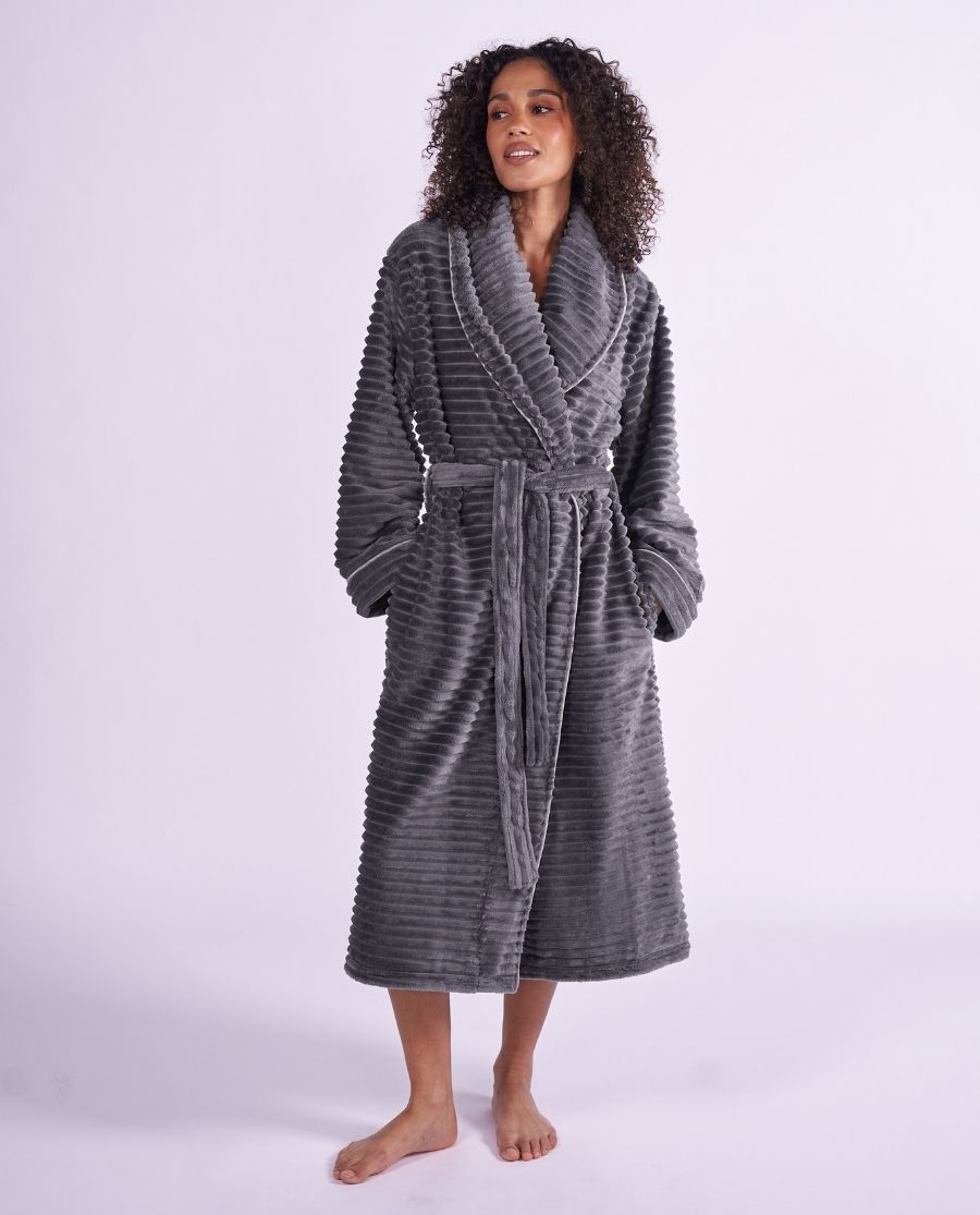 Womens Striped Charcoal Cosy Dressing Gown