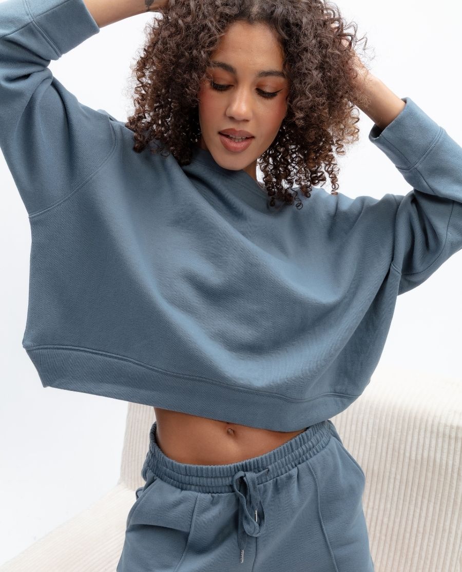 Womens Smoky Blue Lounge Crew-Neck and Shorts Set