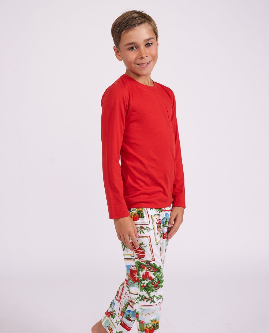 Kids Unisex Long Jersey T-shirt and Christmas Postcard Print Pyjama Set