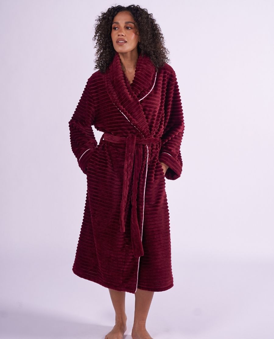 Womens Striped Burgundy Cosy Dressing Gown
