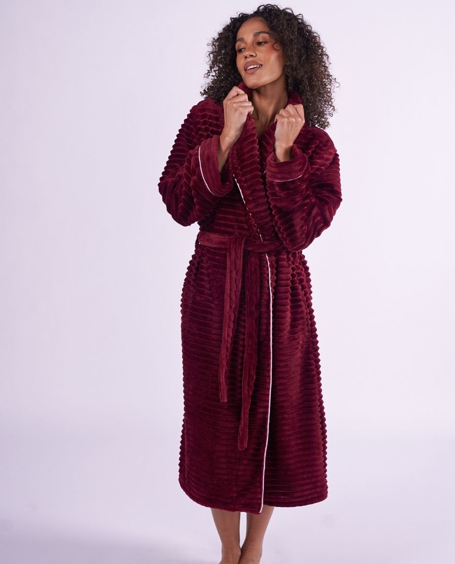 Womens Striped Burgundy Cosy Dressing Gown