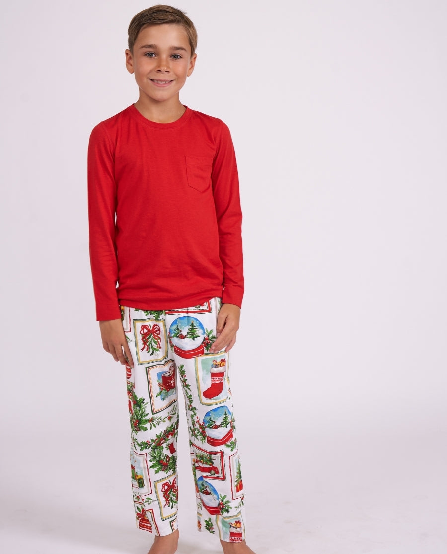 Kids Unisex Long Jersey T-shirt and Christmas Postcard Print Pyjama Set