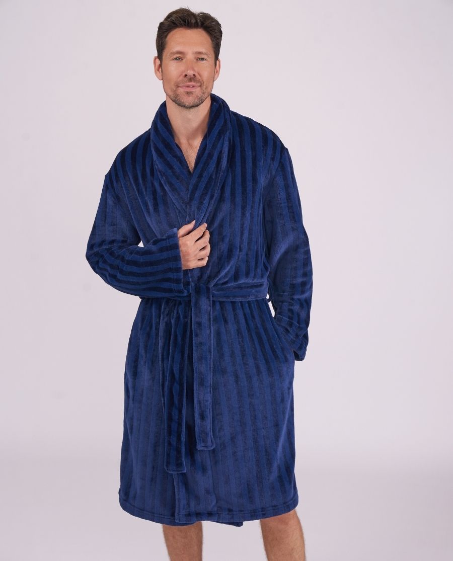 Mens Striped Navy Plush Dressing Gown
