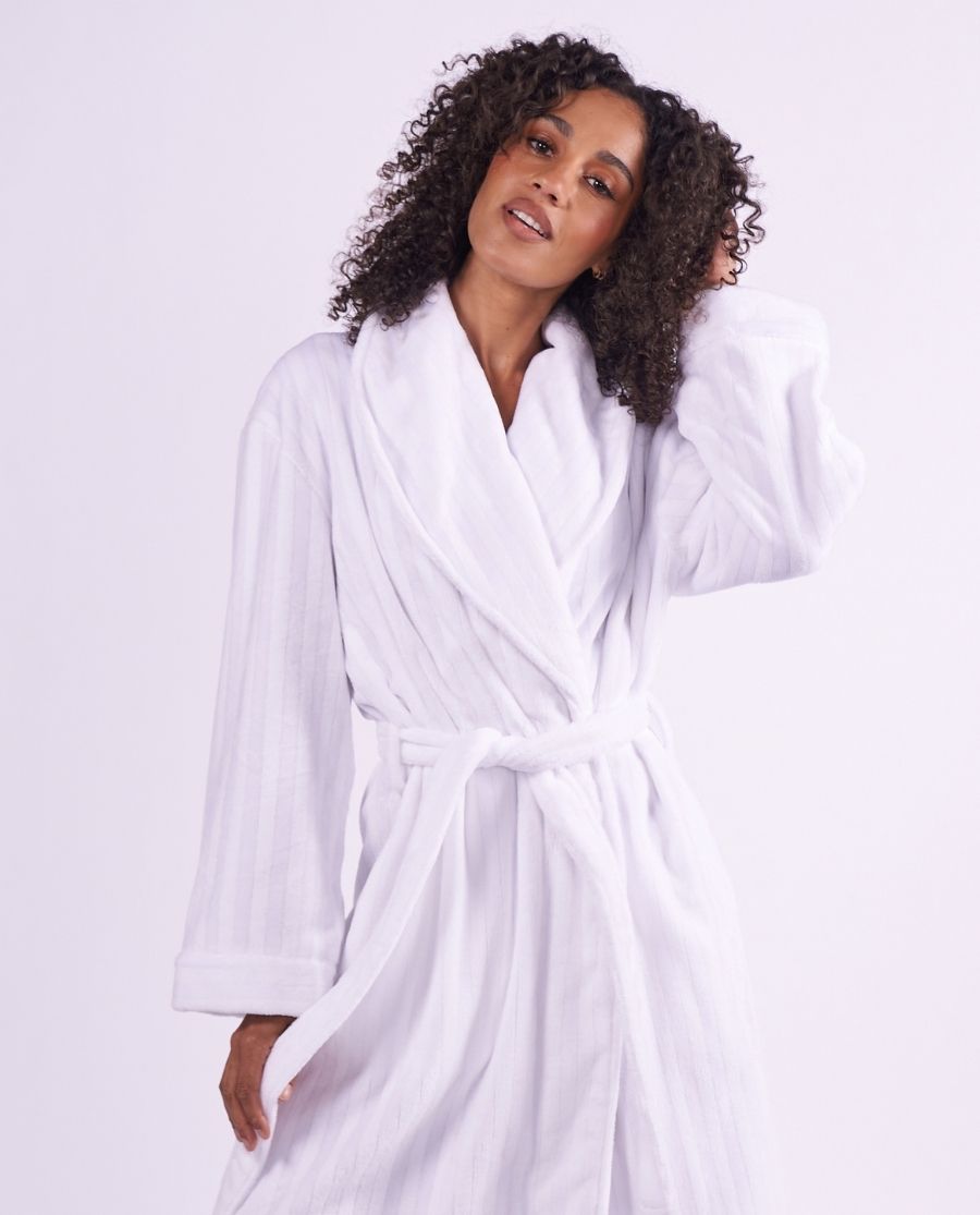 Womens Striped White Cosy Dressing Gown