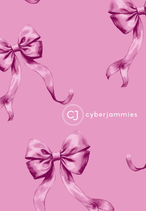 Pink pattern featuring illustrated purple bows and ribbons, with a central circular logo reading 'cj cyberjammies'.