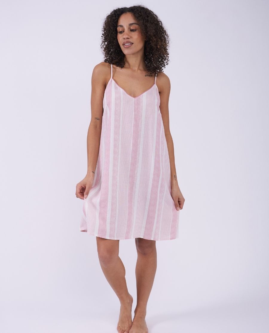 The Linen Edit Womens Printed Stripe Strappy Short Nightdress
