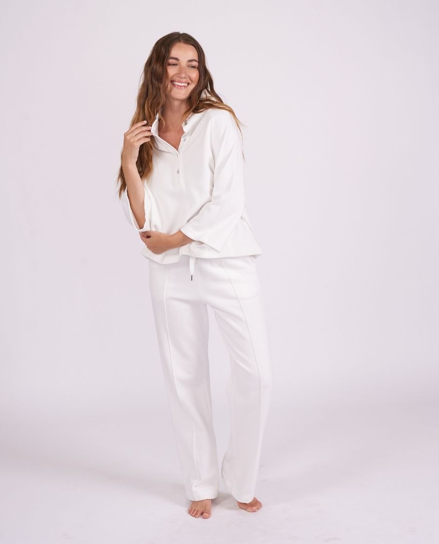 Womens White Lounge Half-Button Sweatshirt and Joggers Set