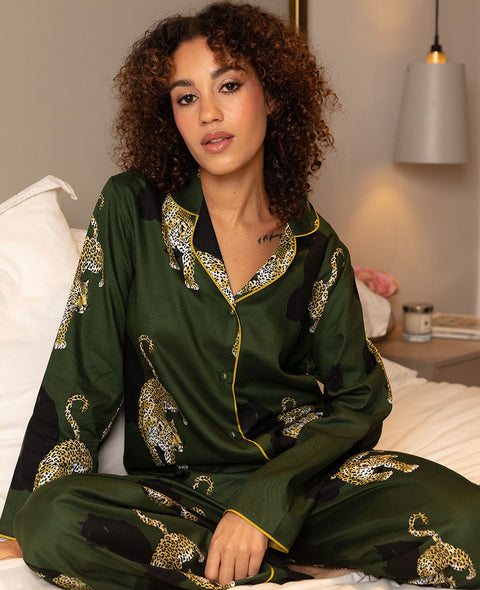 Olive Green Womens Leopard Print Wide Leg Pyjama Set