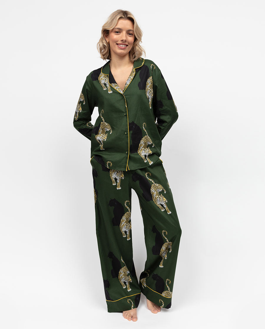 Olive Damen-Pyjama-Set mit weitem Bein und Leopardenmuster