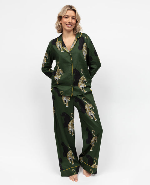 Olive Green Womens Leopard Print Wide Leg Pyjama Set