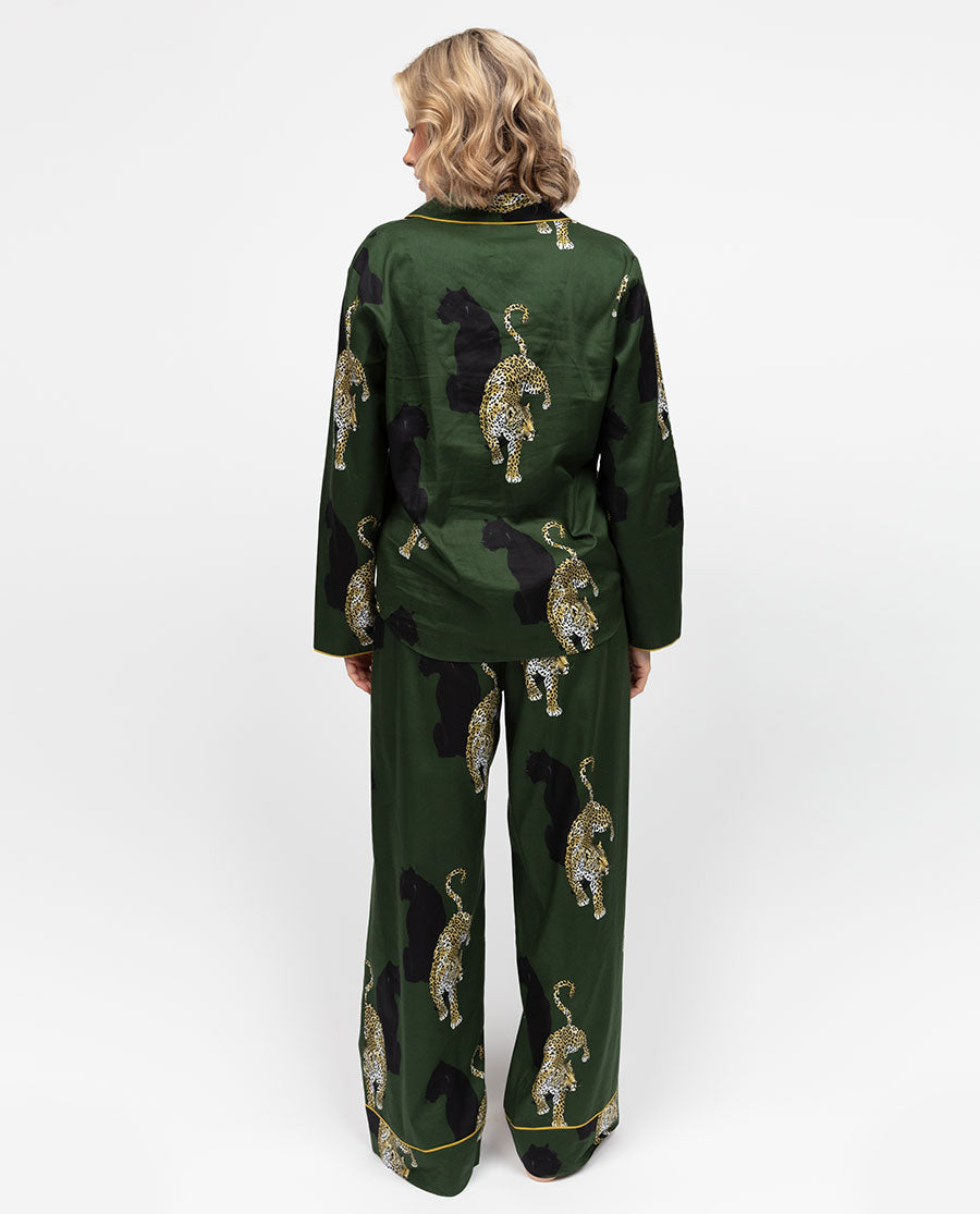 Olive Womens Leopard Print Wide Leg Pyjama Set