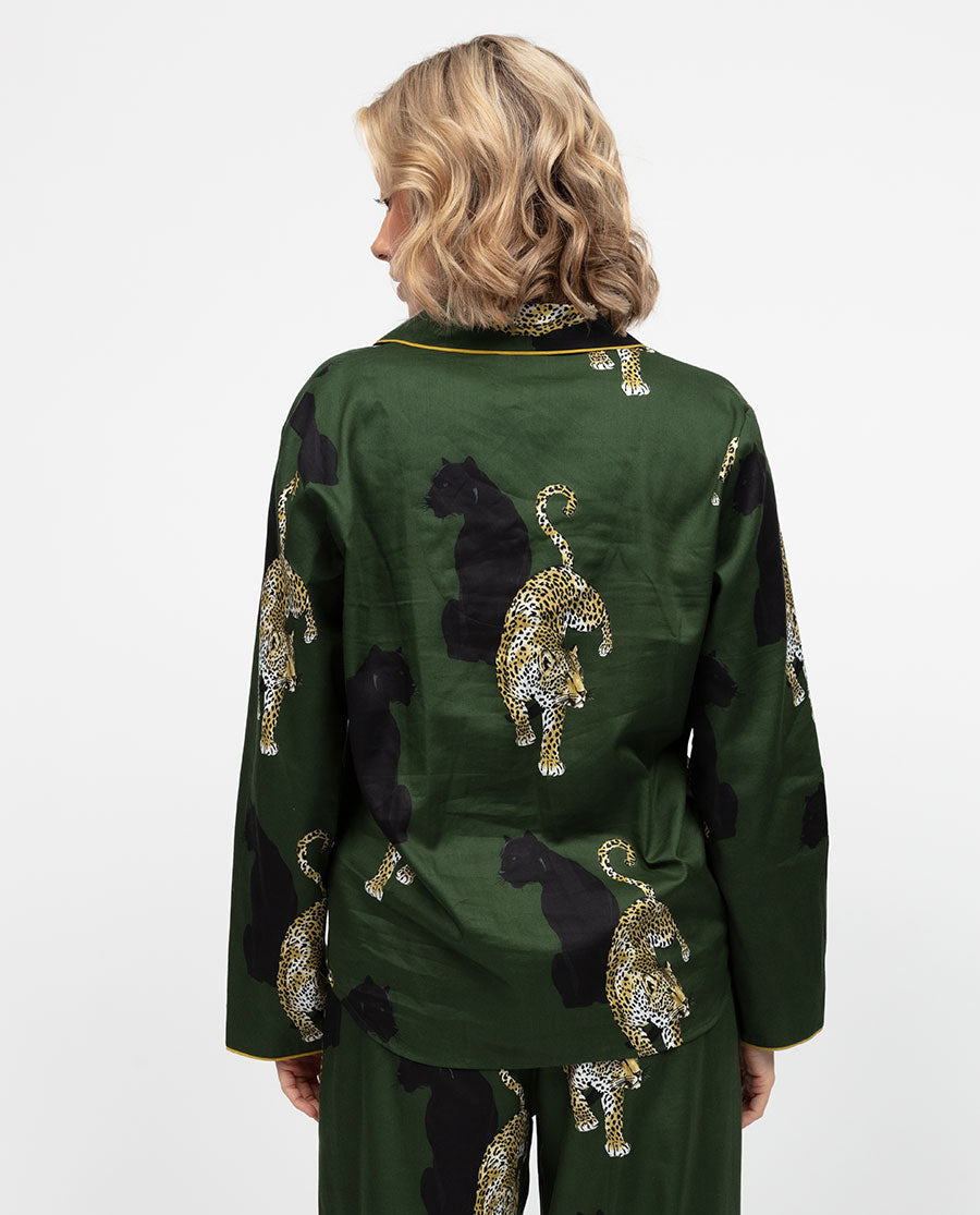 Olive Damen-Pyjamaoberteil mit Leopardenmuster