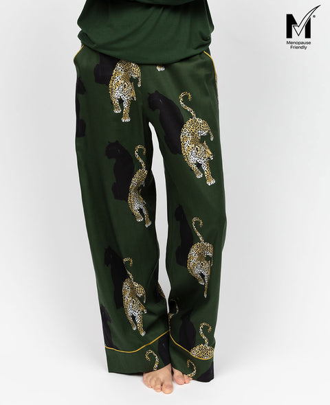 Olive Damen-Pyjamahose mit weitem Bein und Leopardenmuster