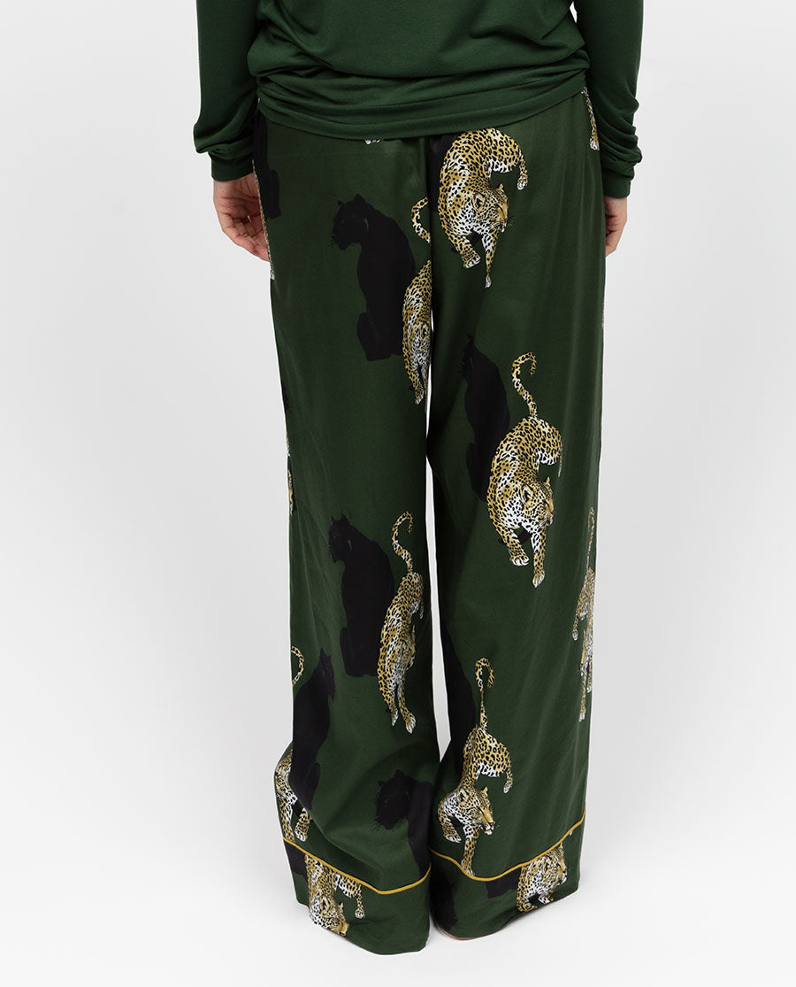 Olive Damen-Pyjamahose mit weitem Bein und Leopardenmuster