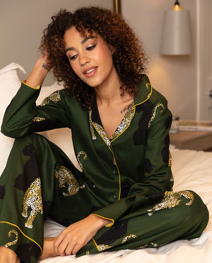 Olive Womens Leopard Print Wide Leg Pyjama Bottoms