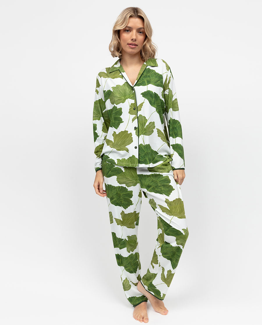 Olive Womens Leaf Printed Jersey Pyjama Set Cyberjammies