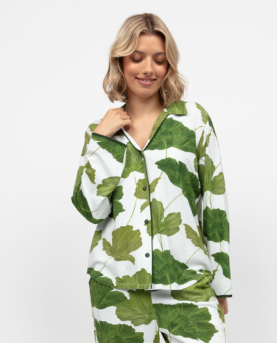 Olive Damen-Pyjamaoberteil aus Jersey mit Blattmuster