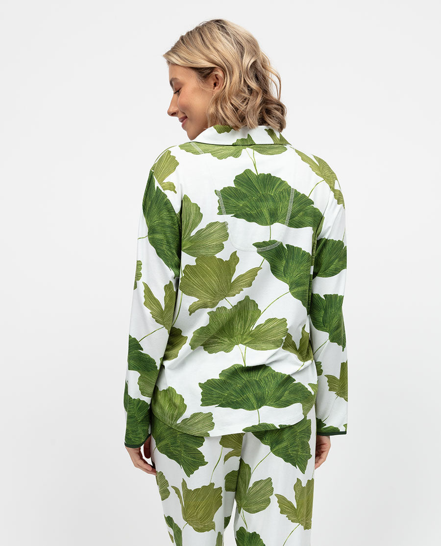 Olive Damen-Pyjamaoberteil aus Jersey mit Blattmuster