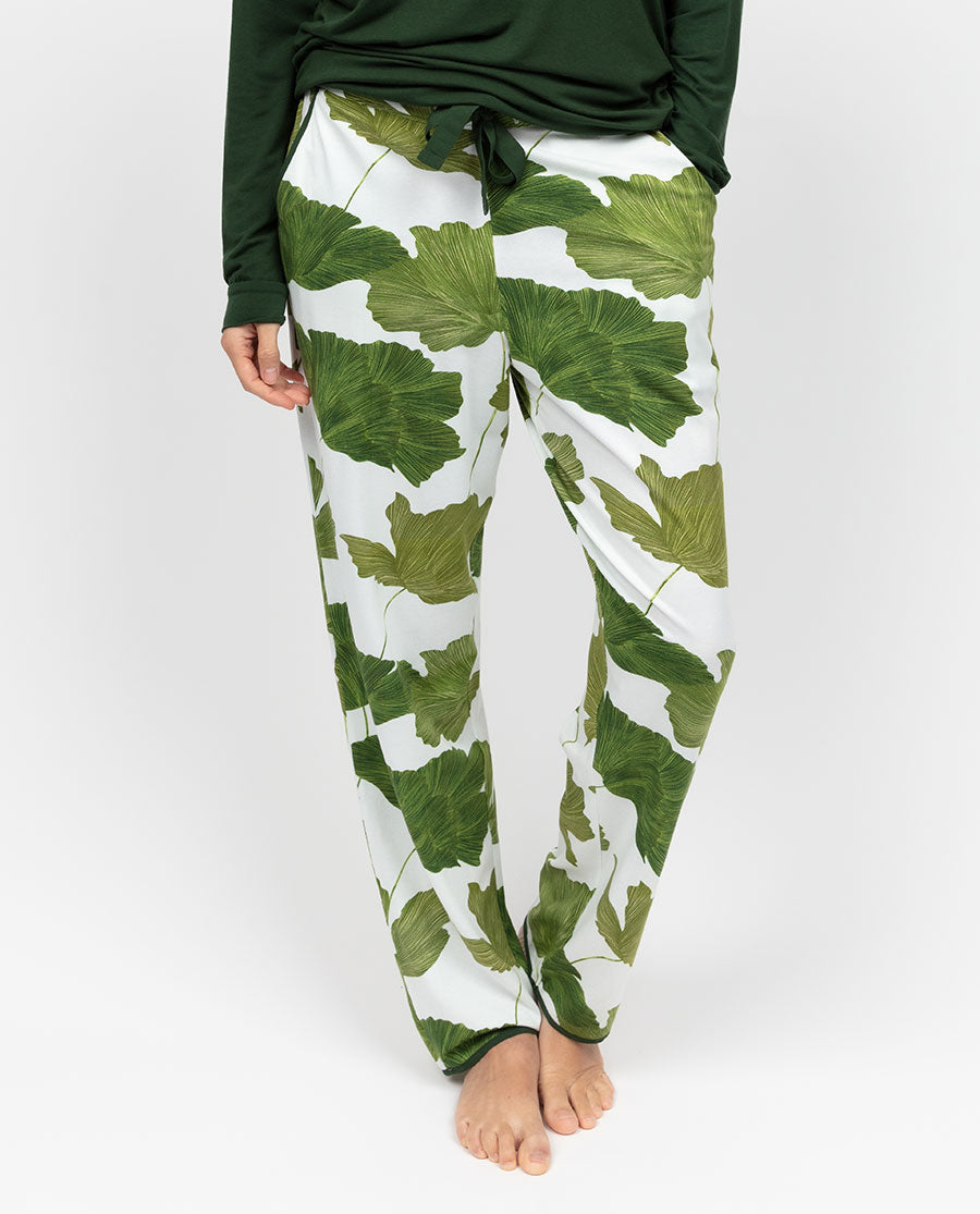 Olive Damen-Pyjamahose aus Jersey mit Blattmuster