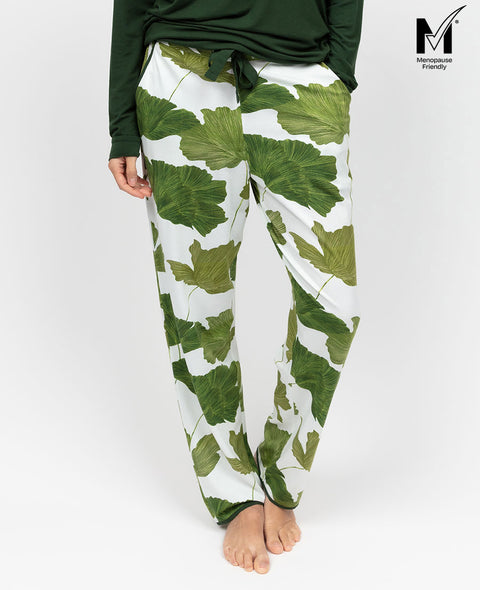 Olive Damen-Pyjamahose aus Jersey mit Blattmuster