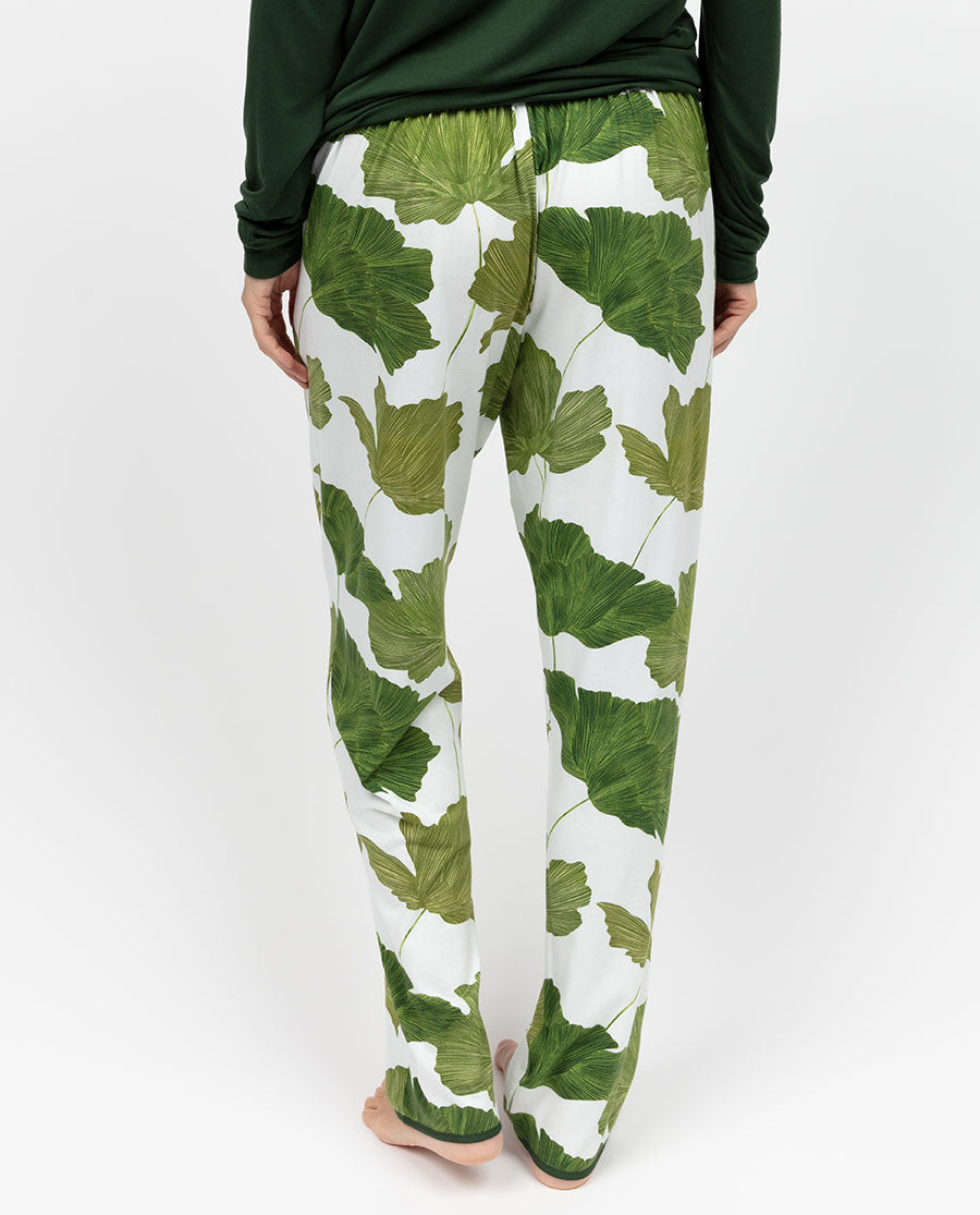 Olive Damen-Pyjamahose aus Jersey mit Blattmuster