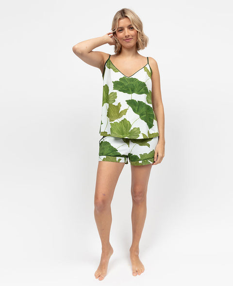 Olive Womens White Leaf Printed Jersey Cami and Shorts Set