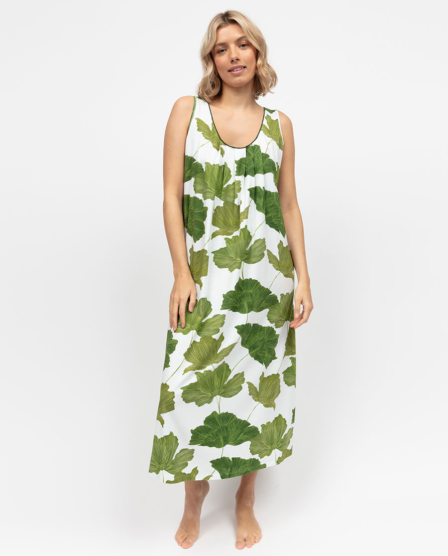 Olive Damen Langes Jersey-Nachthemd mit Blattdruck