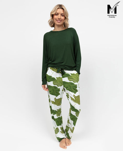 Olive Womens Green Slouch Jersey Top and Leaf Print Pyjama Set