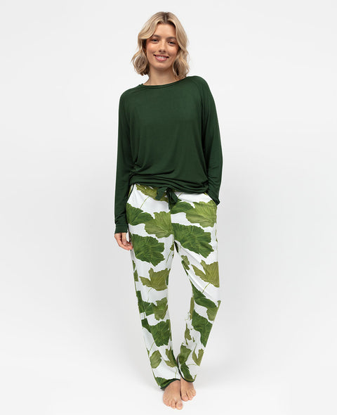 Olive Womens Green Slouch Jersey Top and Leaf Print Pyjama Set