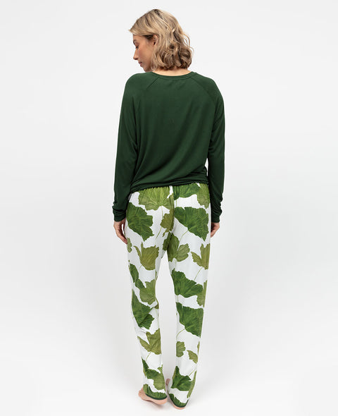 Olive Womens Green Slouch Jersey Top and Leaf Print Pyjama Set