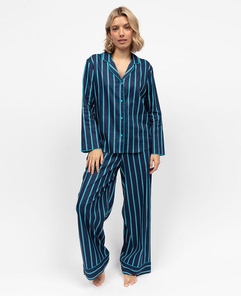Marina Womens Navy Printed Stripe Wide Leg Pyjama Set
