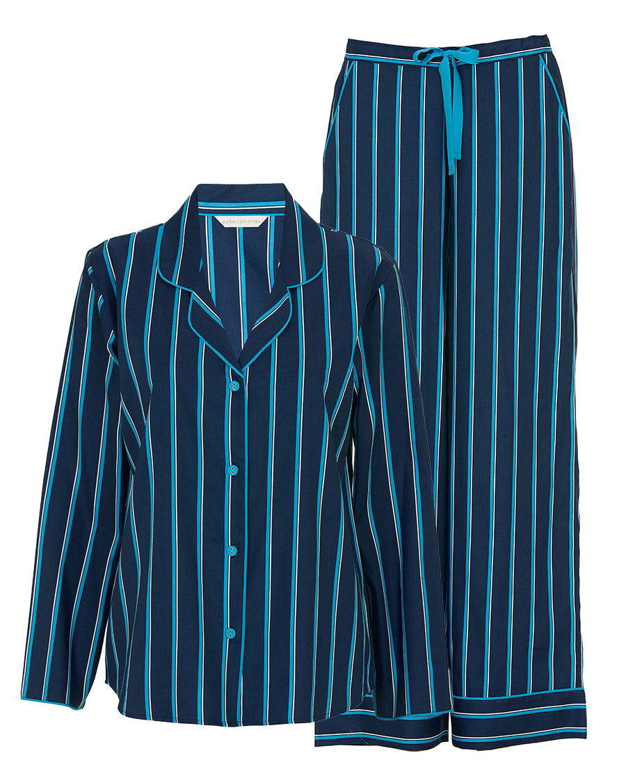 Marina Womens Navy Printed Stripe Wide Leg Pyjama Set